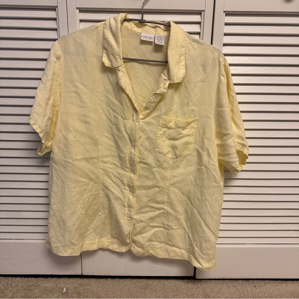 Cherokee Linen-Blend Soft Yellow Casual Button Down Shirt Cottagecore